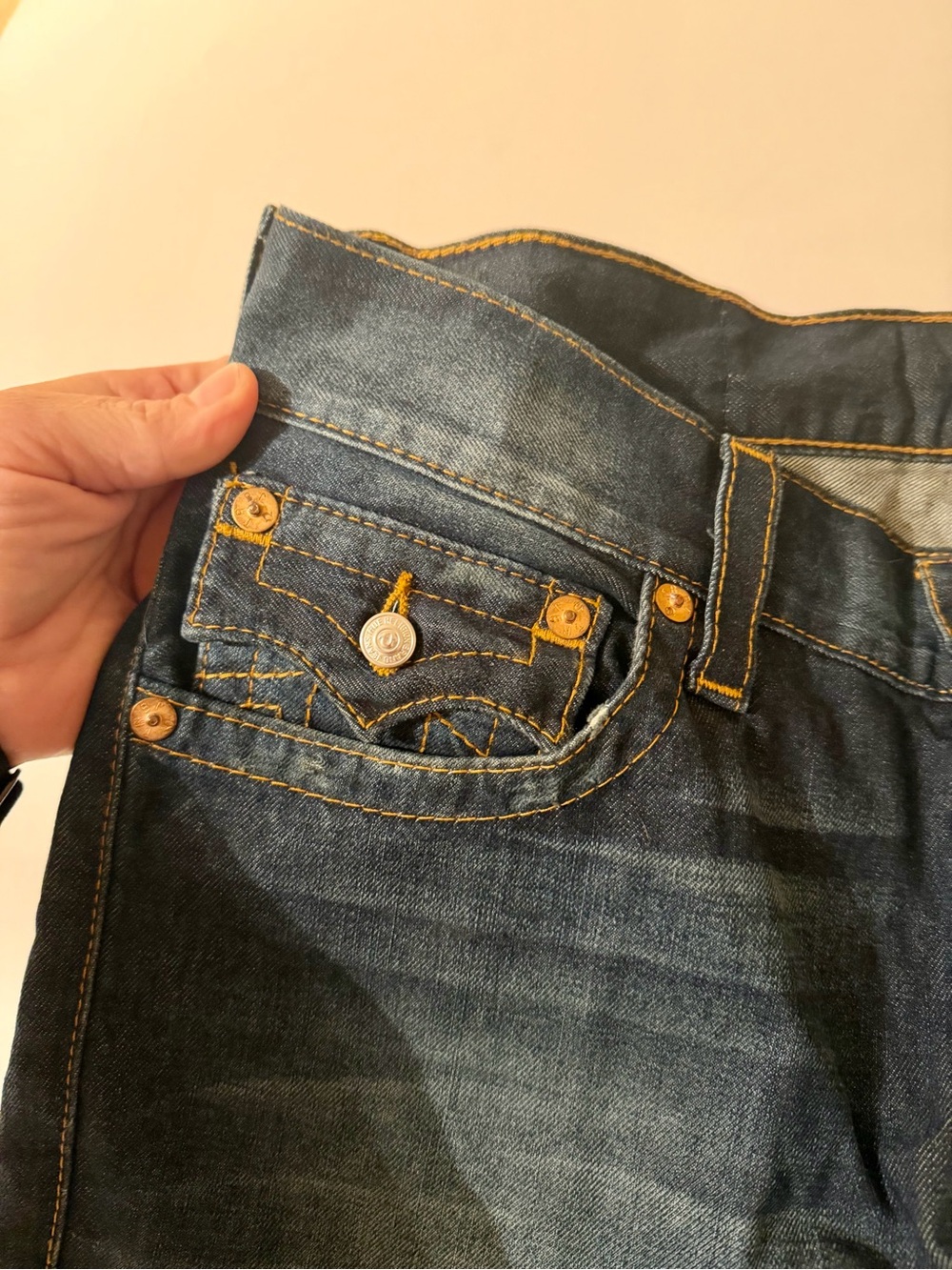 True Religion Ricky Big T Jeans 33x34 Blue Thick Stitch Flap Pockets Made In USA - Picture 5 of 16